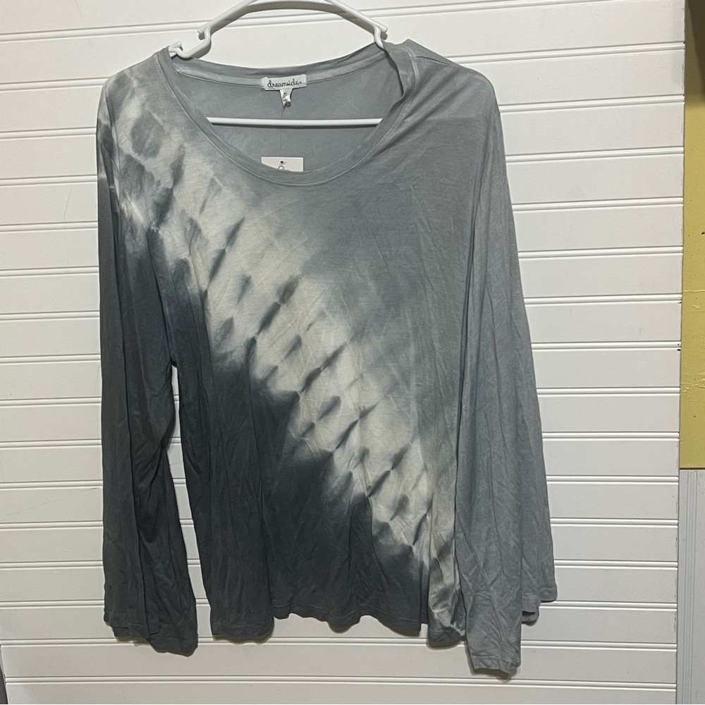 NWT Dreamsicles Gray/Navy Tie Dyed Bell Sleeve Crew Neck Long Sleeve Tee Size M
